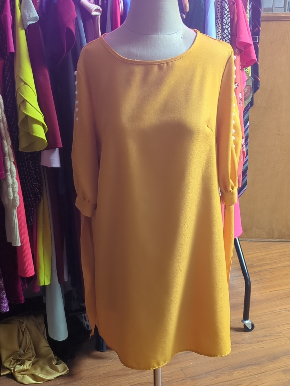 SHEIN Mustard Yellow Long Sleeve Shift Dress with Pearl Sleeve Detail